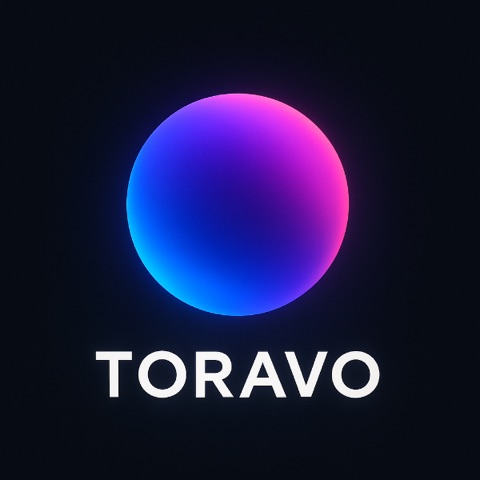 Toravo-Logo: leuchtende Kugel im Farbverlauf von Blau über Violett zu Magenta mit dem weißen Schriftzug TORAVO